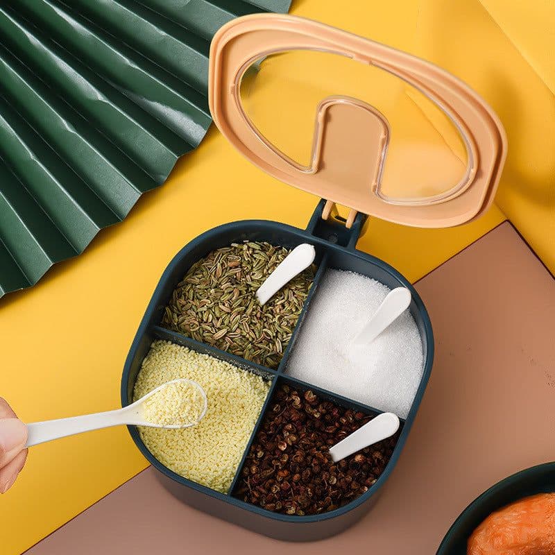 image-Four-compartment transparent flip-top visual condiment bottle with 4 spoons seasoning jar set compartmentalized seasoning box