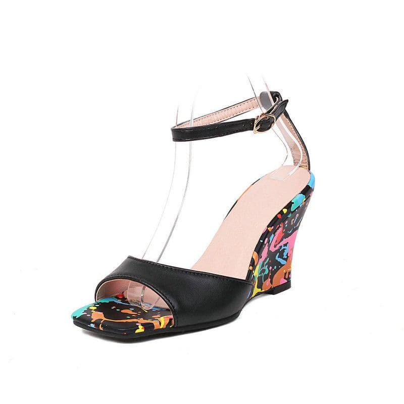 image-Wedge heel sandals women's summer new square head fish mouth wild fashion one word with high heels casual open toe high heel sandals