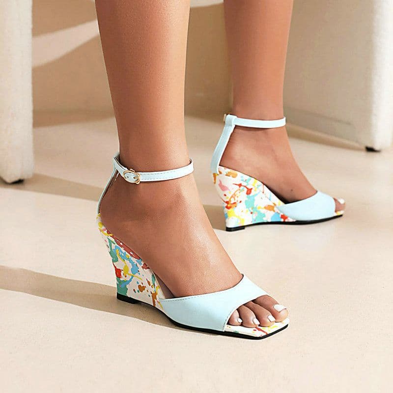 image-Wedge heel sandals women's summer new square head fish mouth wild fashion one word with high heels casual open toe high heel sandals