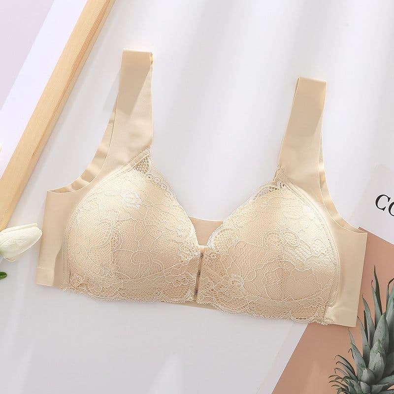 image-Foreign trade no steel ring bra adjustment type large size lace front buckle gather close breasts thin bra underwear ladies