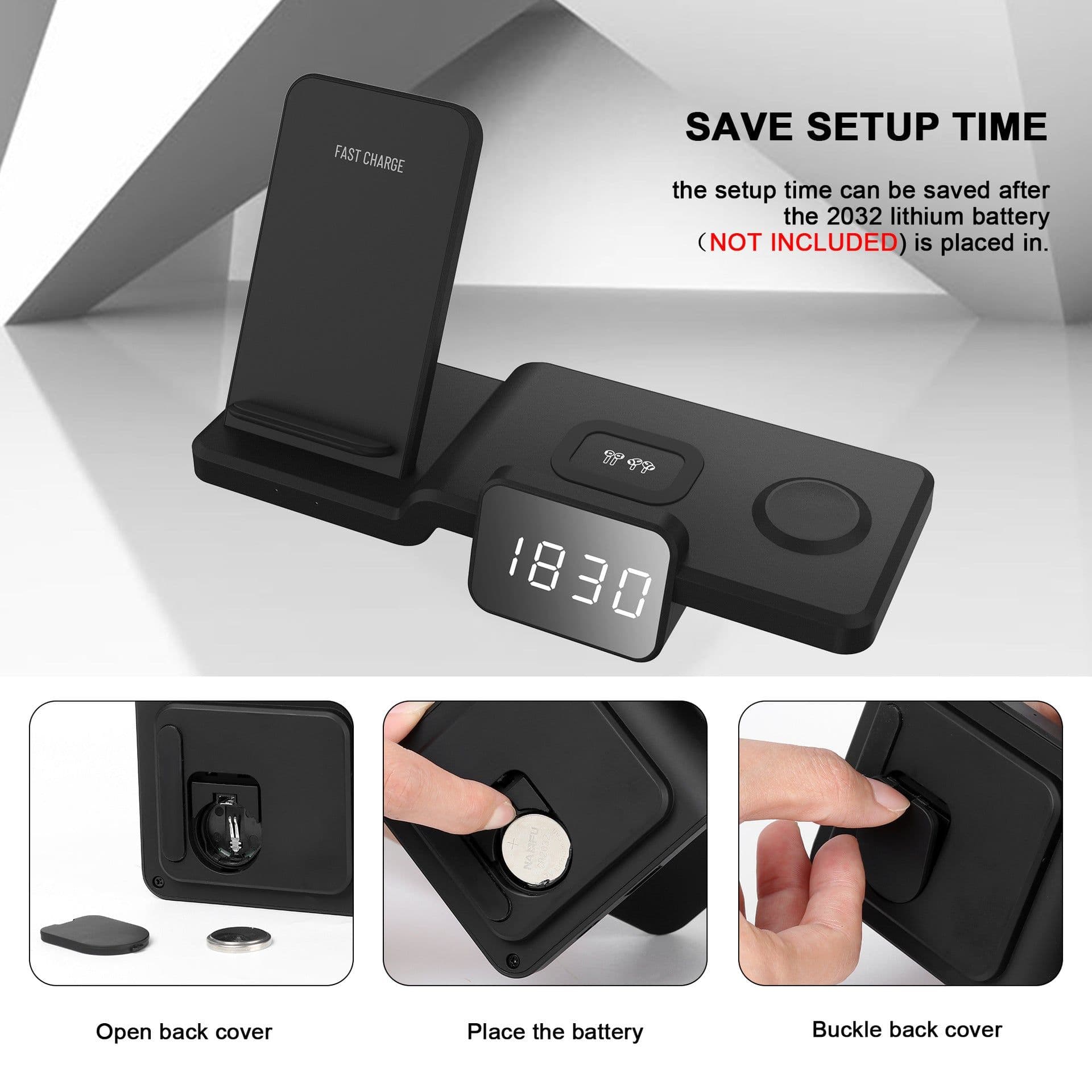image-Multifunctional three-in-one wireless charger with clock 15w fast charging stand charging stand desktop vertical wireless charging