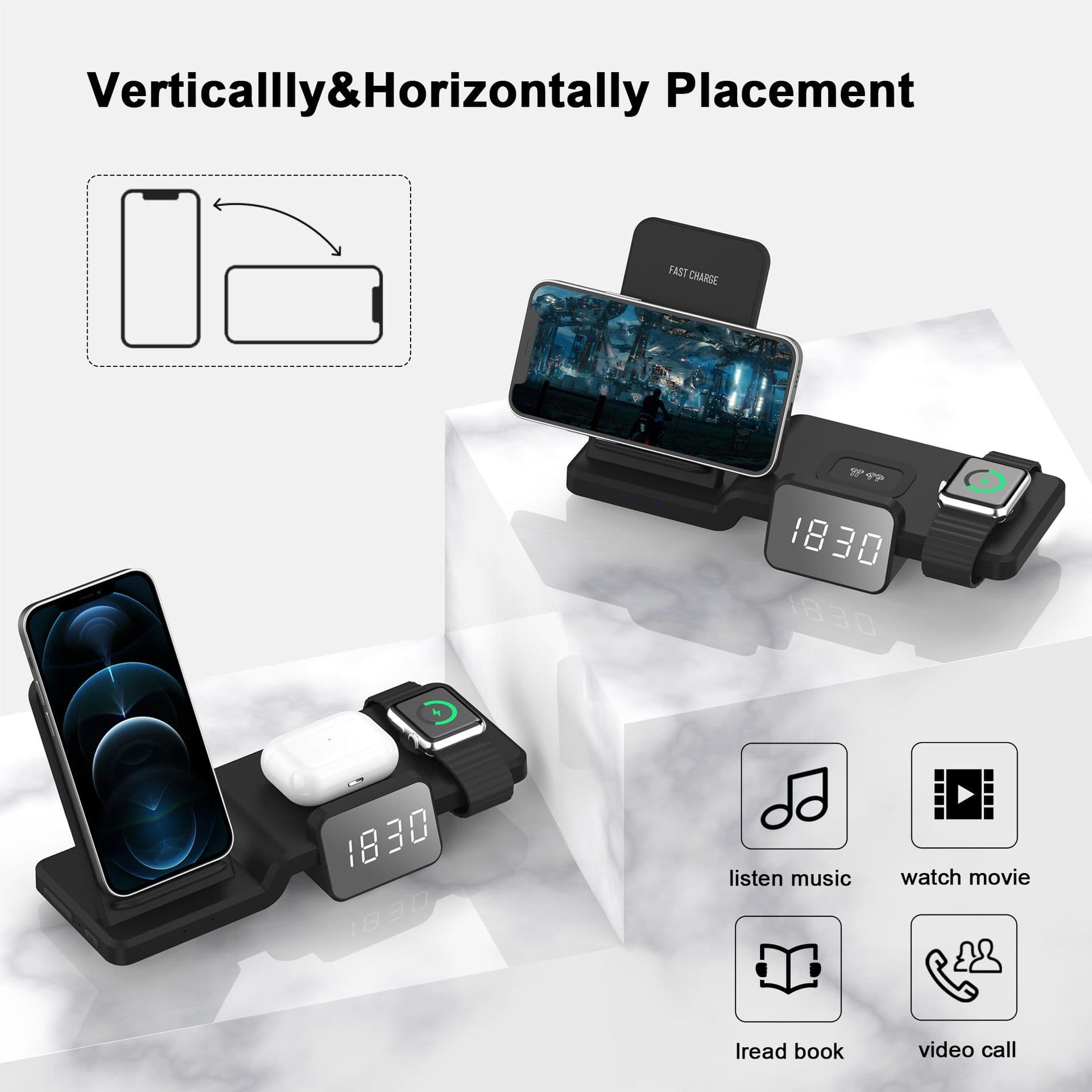image-Multifunctional three-in-one wireless charger with clock 15w fast charging stand charging stand desktop vertical wireless charging
