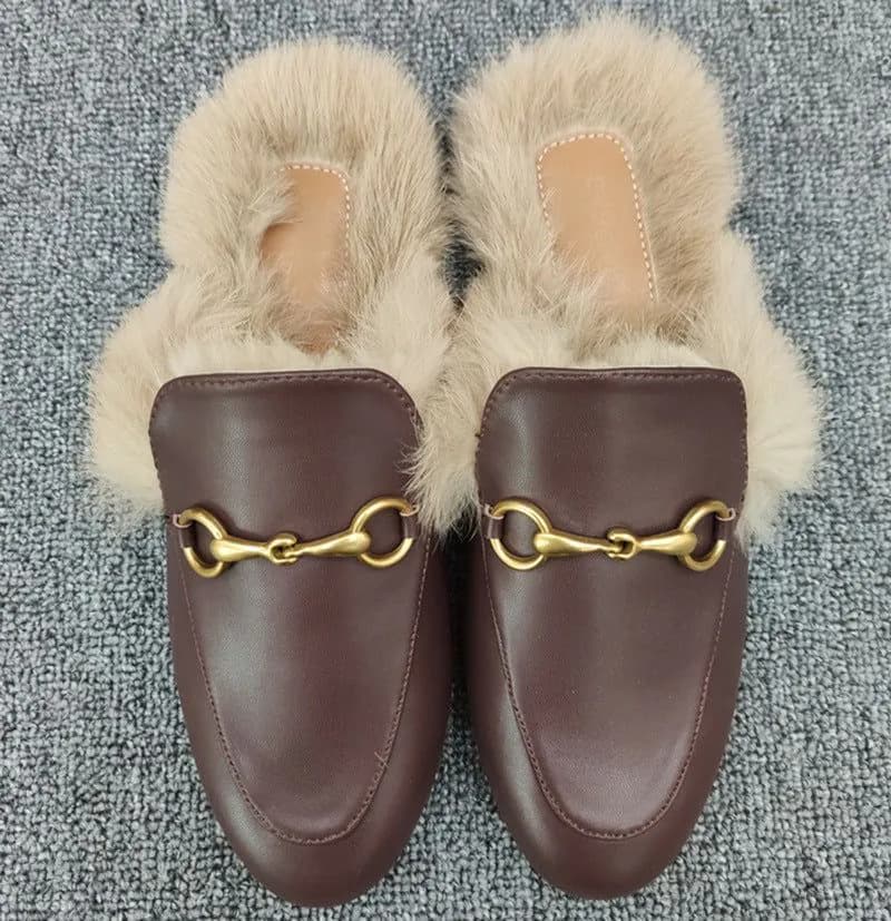 image-Fur slippers women's outer wear autumn and winter Muller shoes 2020 new net red lazy shoes flat bottom rabbit fur Baotou half slippers