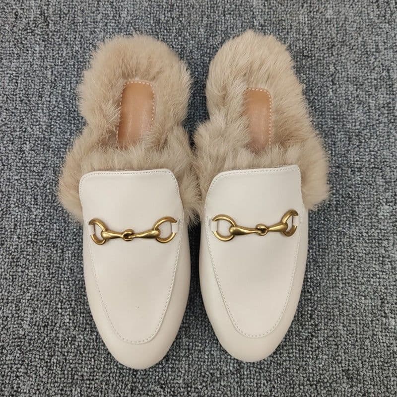 image-Fur slippers women's outer wear autumn and winter Muller shoes 2020 new net red lazy shoes flat bottom rabbit fur Baotou half slippers