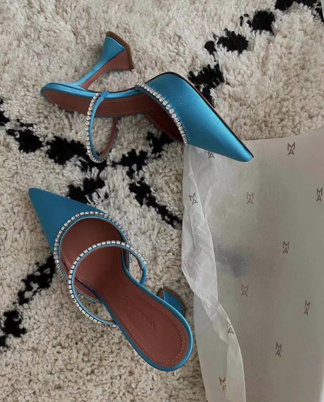 image-Cross-border European and American style point-toe half-slip women's shoes with fashion thin straps, rhinestones, satin, wine glass, heels, Baotou slippers