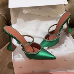 image-Cross-border European and American style point-toe half-slip women's shoes with fashion thin straps, rhinestones, satin, wine glass, heels, Baotou slippers