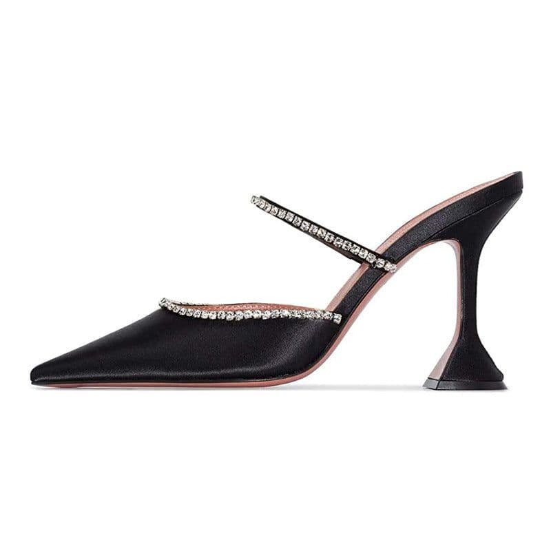 image-Cross-border European and American style point-toe half-slip women's shoes with fashion thin straps, rhinestones, satin, wine glass, heels, Baotou slippers