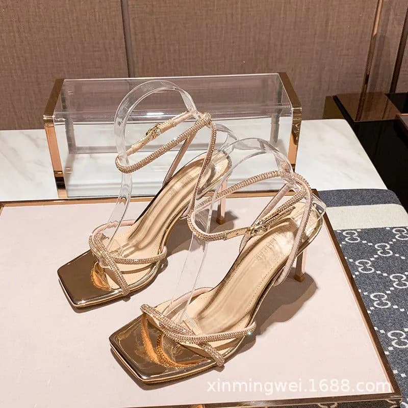 image-2020 new all-match square head silver rhinestone one-word buckle high-heeled sandals sweet wind stiletto sexy