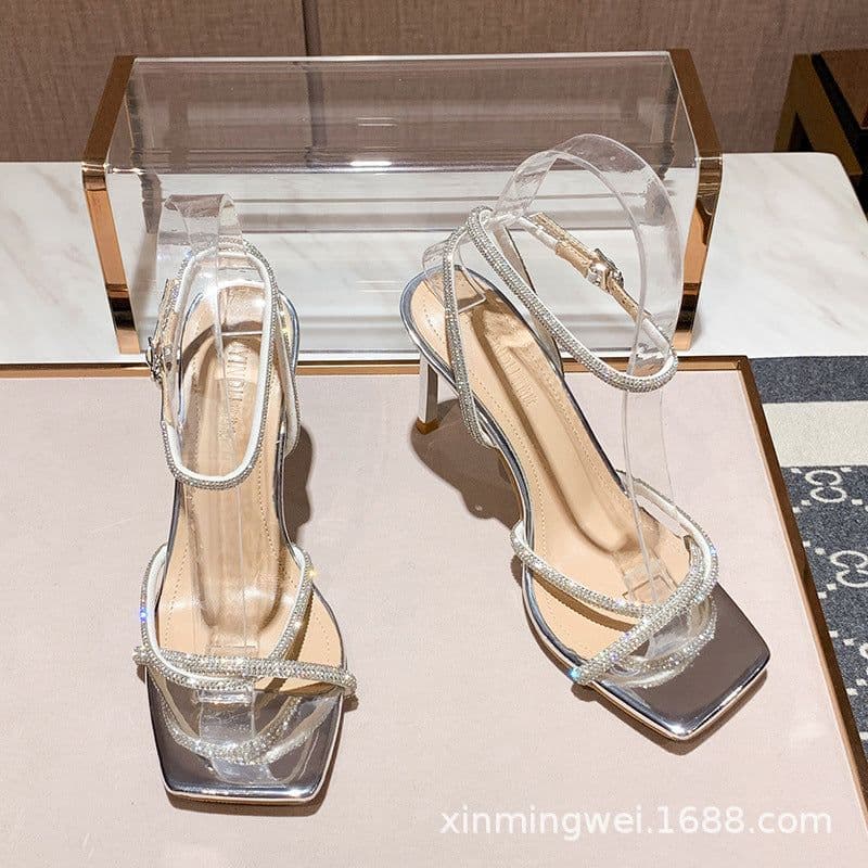 image-2020 new all-match square head silver rhinestone one-word buckle high-heeled sandals sweet wind stiletto sexy