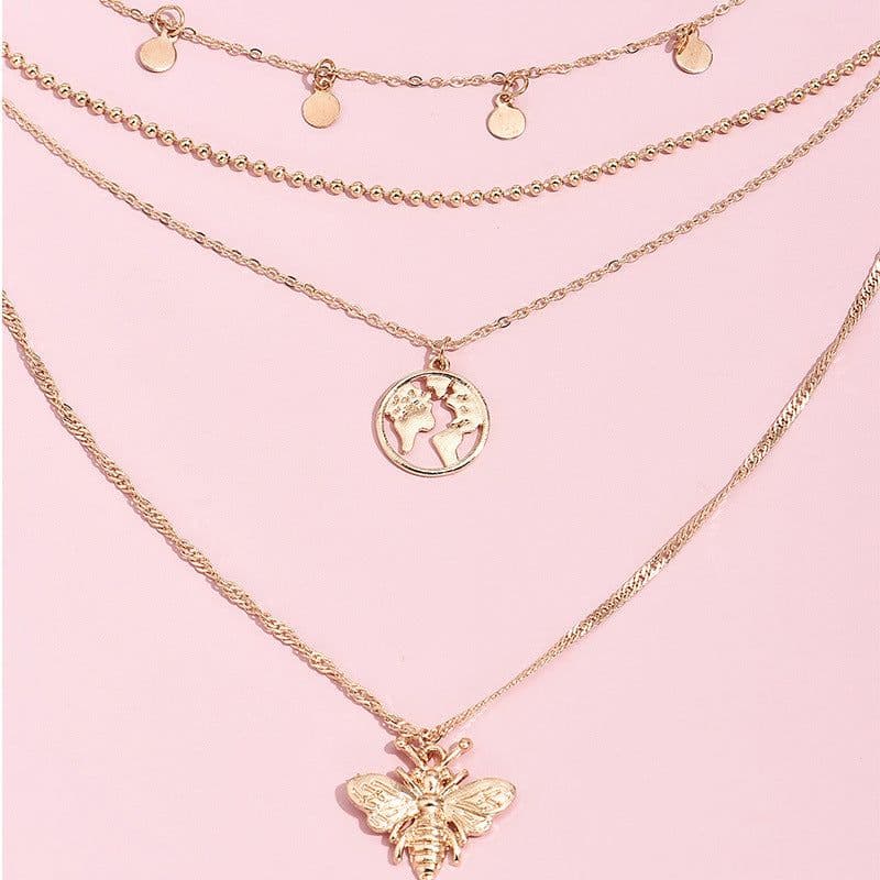 image-European and American fashion simple personality round bee world map pendant multi-layer female alloy necklace A0554