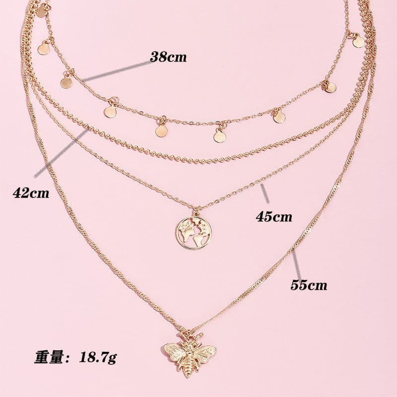 image-European and American fashion simple personality round bee world map pendant multi-layer female alloy necklace A0554
