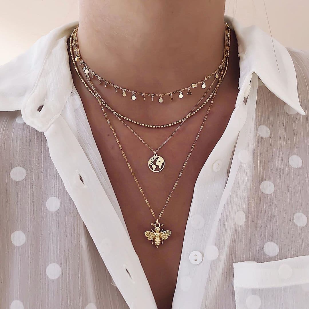 image-European and American fashion simple personality round bee world map pendant multi-layer female alloy necklace A0554