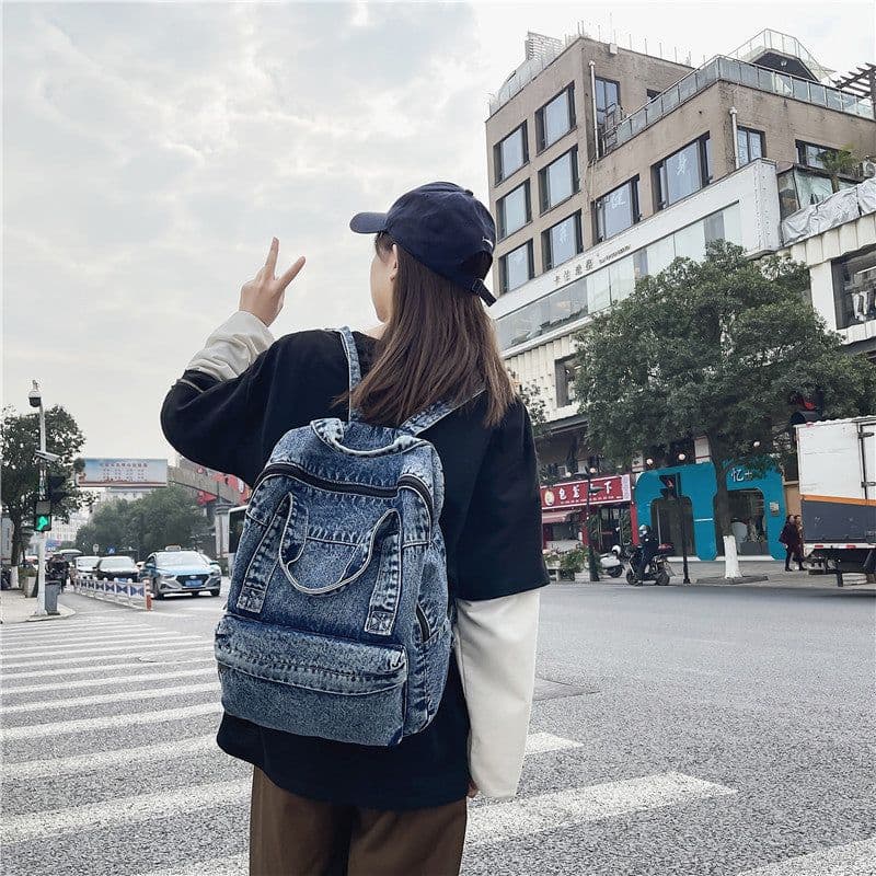 image-2022 denim schoolbag tide brand retro large-capacity student backpack male street canvas neutral hand-held backpack