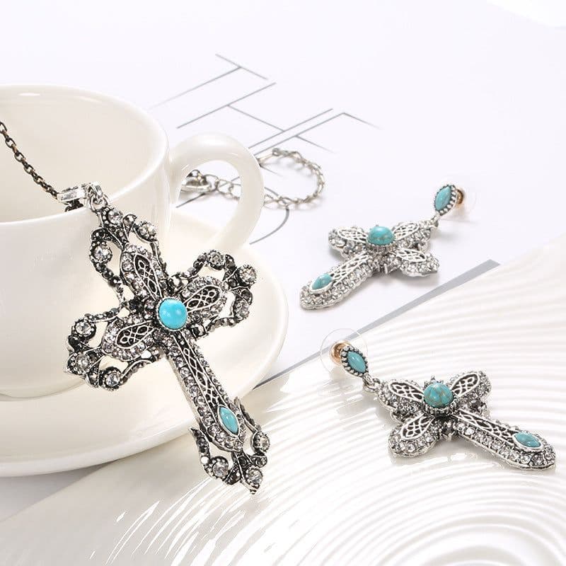 image-AliExpress wish hot selling European and American jewelry set combination necklace earrings retro turquoise set accessories wholesale