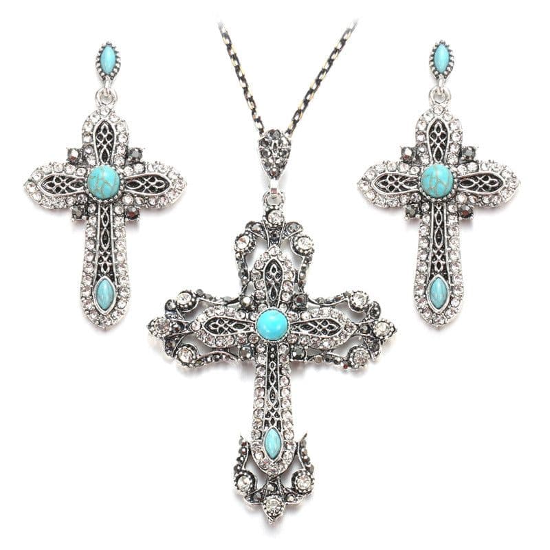 image-AliExpress wish hot selling European and American jewelry set combination necklace earrings retro turquoise set accessories wholesale