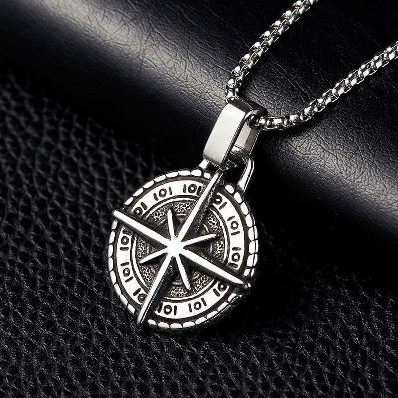 image-Stainless steel compass retro necklace pendant European and American retro titanium steel punk pendant men's pendant wholesale
