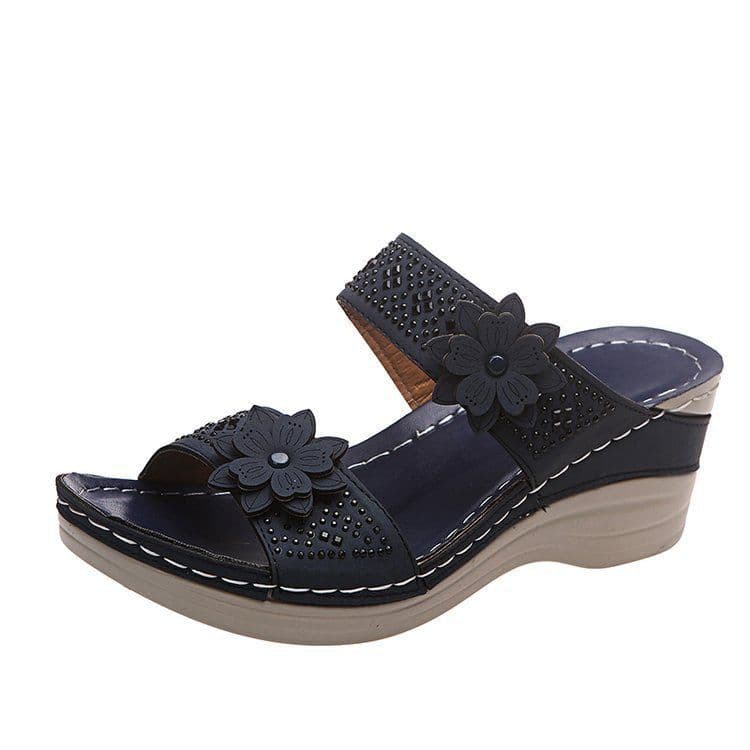 image-Cross-border foreign trade large size 2022 summer new retro casual flowers high-heeled women's wedge slippers
