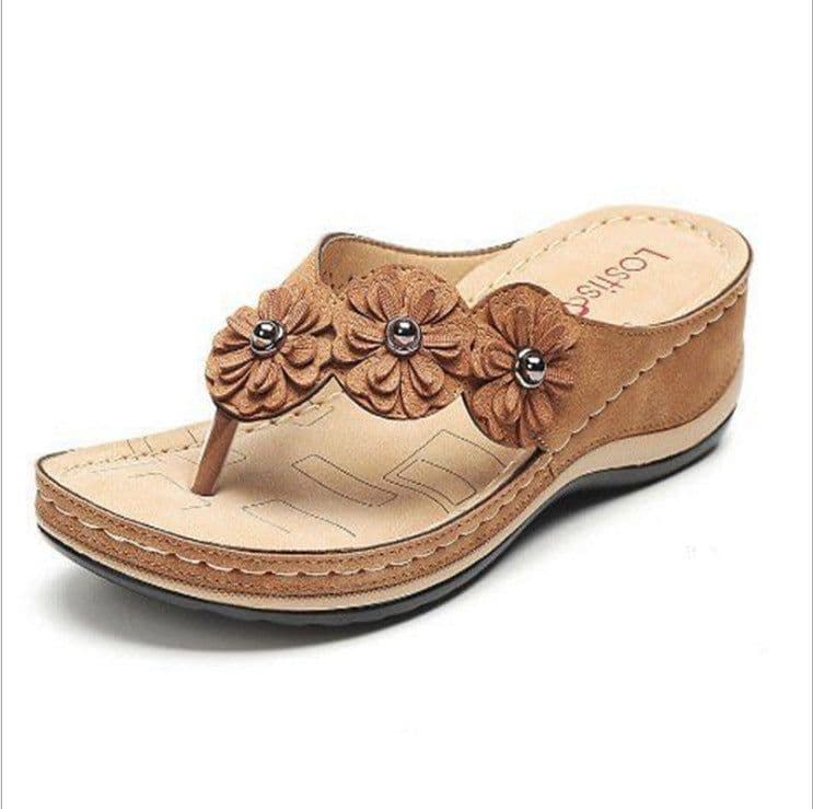 image-2021 summer new foreign trade large size sandals women European and American multicolor handmade retro flowers flat wedge sandals women