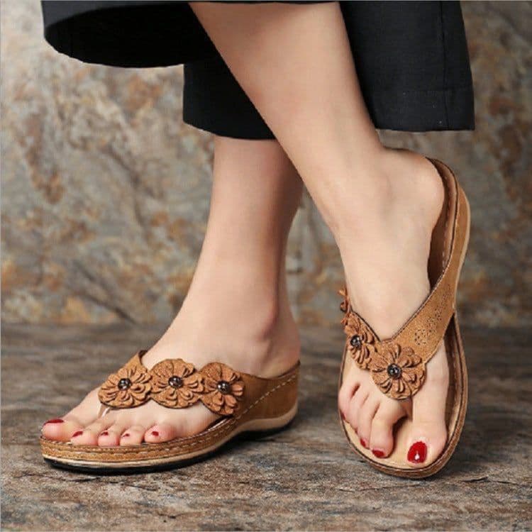 image-2021 summer new foreign trade large size sandals women European and American multicolor handmade retro flowers flat wedge sandals women