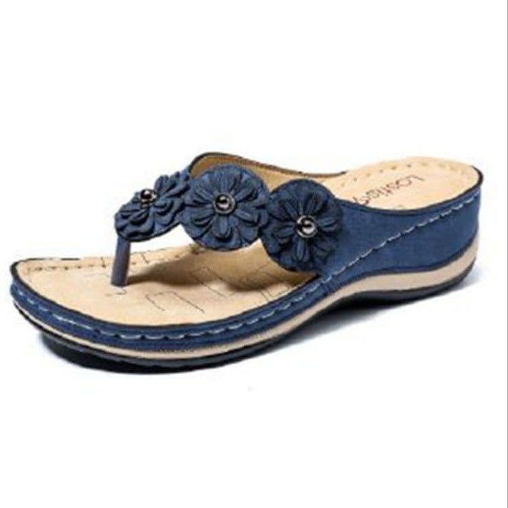 image-2021 summer new foreign trade large size sandals women European and American multicolor handmade retro flowers flat wedge sandals women