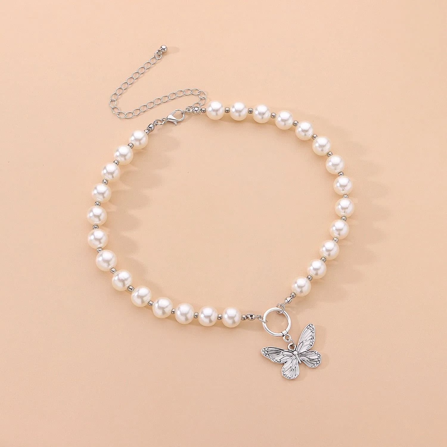 image-European and American cross-border jewelry Short retro metal butterfly pendant necklace for women Fashionable personality popular pearl necklace