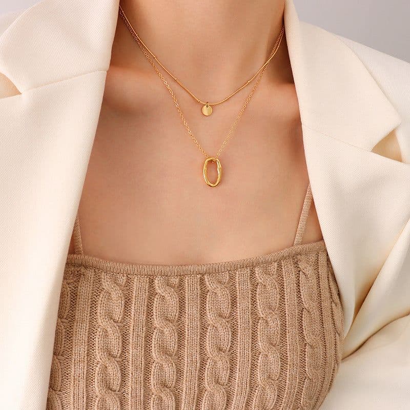 image-European and American ins style niche design sense special-shaped geometric double-layer titanium steel necklace earrings set jewelry plated 18K real gold
