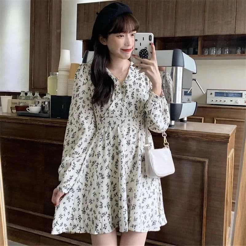 image-Cross-border Amazon 2022 spring and summer new pastoral V-neck temperament high waist loose and thin floral long-sleeved dress