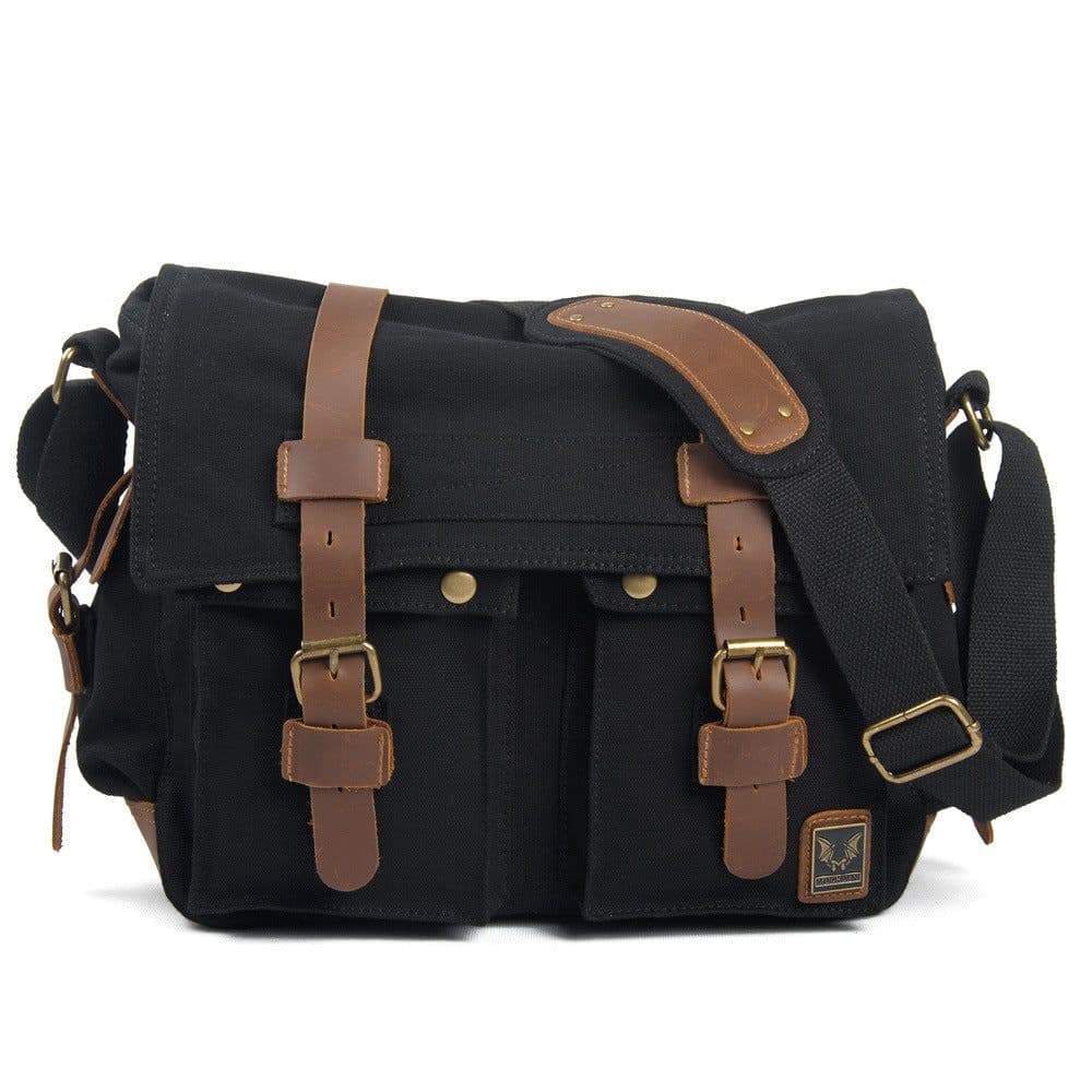 image-Muchuan cloth bag wholesale European and American retro canvas with crazy horse leather men's and women's messenger bag shoulder casual shoulder bag