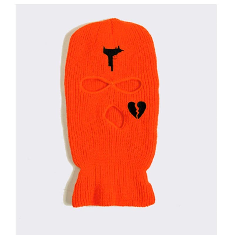 image-Cross-border foreign trade three-hole knitted cap embroidery pistol heart cracked acrylic ski mask ski mask manufacturer