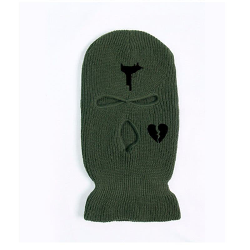 image-Cross-border foreign trade three-hole knitted cap embroidery pistol heart cracked acrylic ski mask ski mask manufacturer