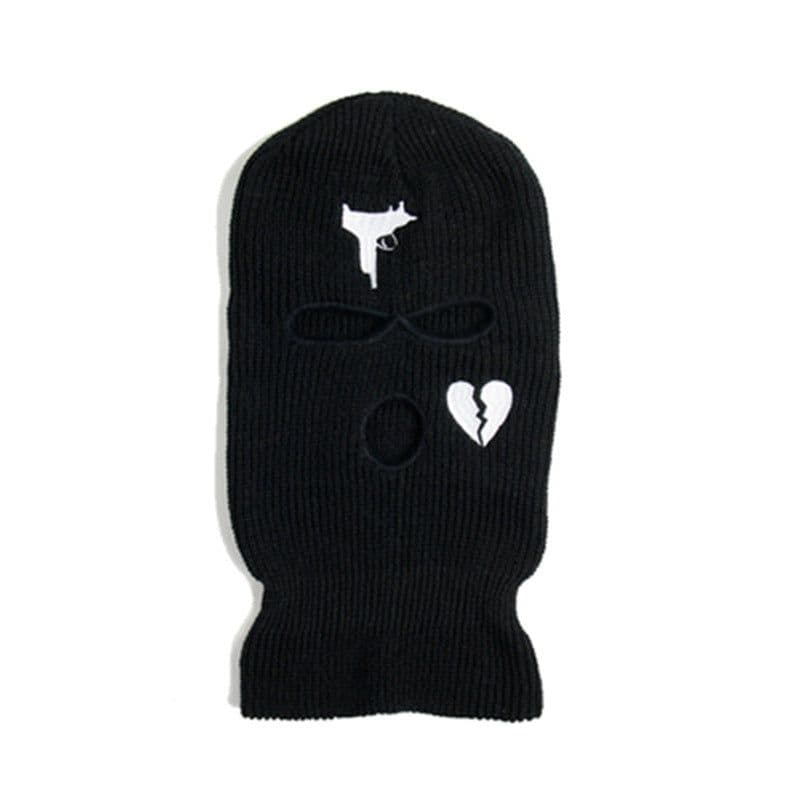 image-Cross-border foreign trade three-hole knitted cap embroidery pistol heart cracked acrylic ski mask ski mask manufacturer