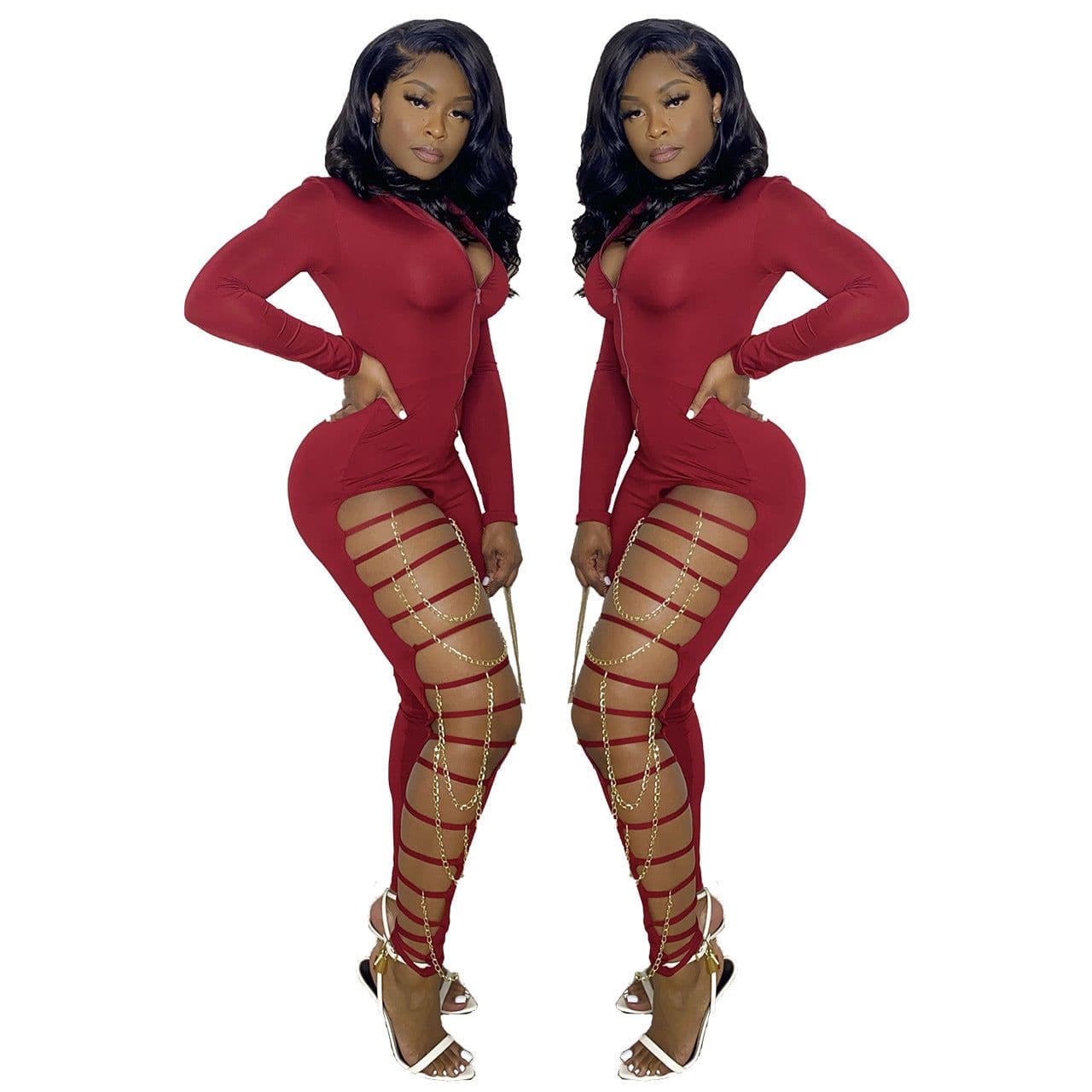 image-YD1065 European and American women's clothing Amazon's new solid color sexy chain jumpsuit cross-border women's clothing