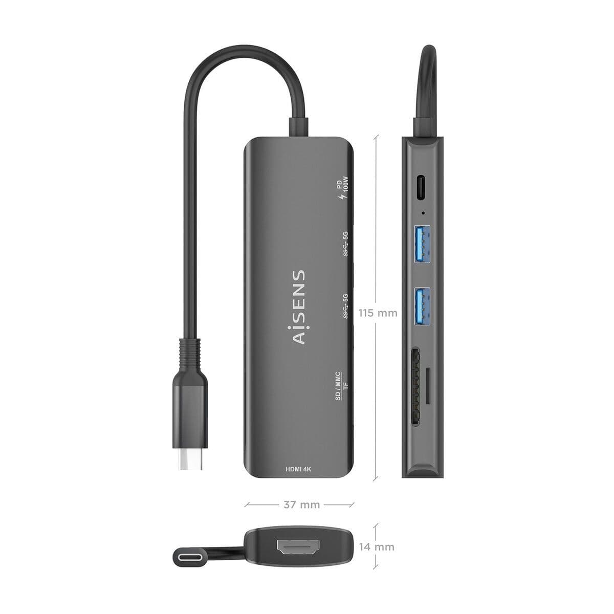 image-USB Hub Aisens USB-C DOCK 6 EN 1 GRIS Grey 100 W