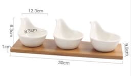 image-Ceramic Divided Serving Dish with Wooden Tray - Porcelain Bowl
