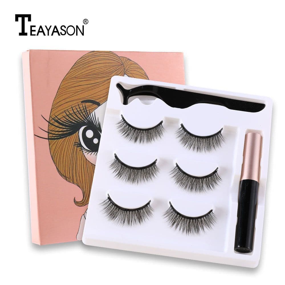 image-Cross-border magnetic eyeliner liquid false eyelashes natural set iron magnet glue-free eyelashes magnetic three pairs of eyelashes