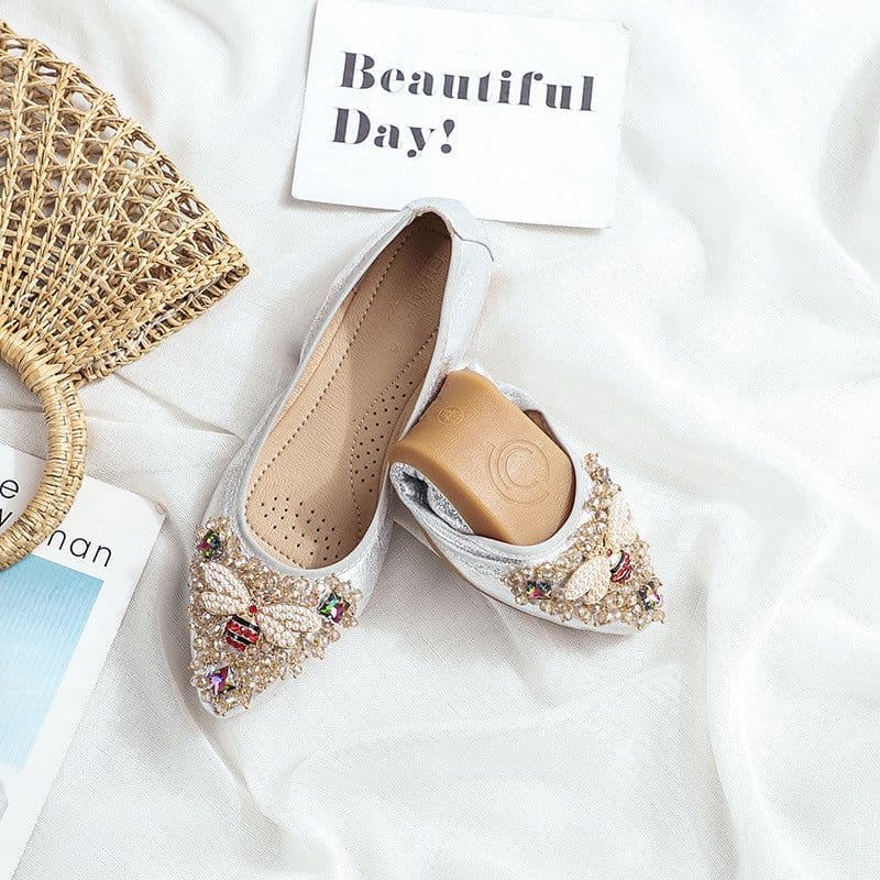 image-Pointed toe flat shoes women's 2021 summer new Korean version of the rhinestone flat heel work shoes women's soft leather all-match four seasons single shoes autumn