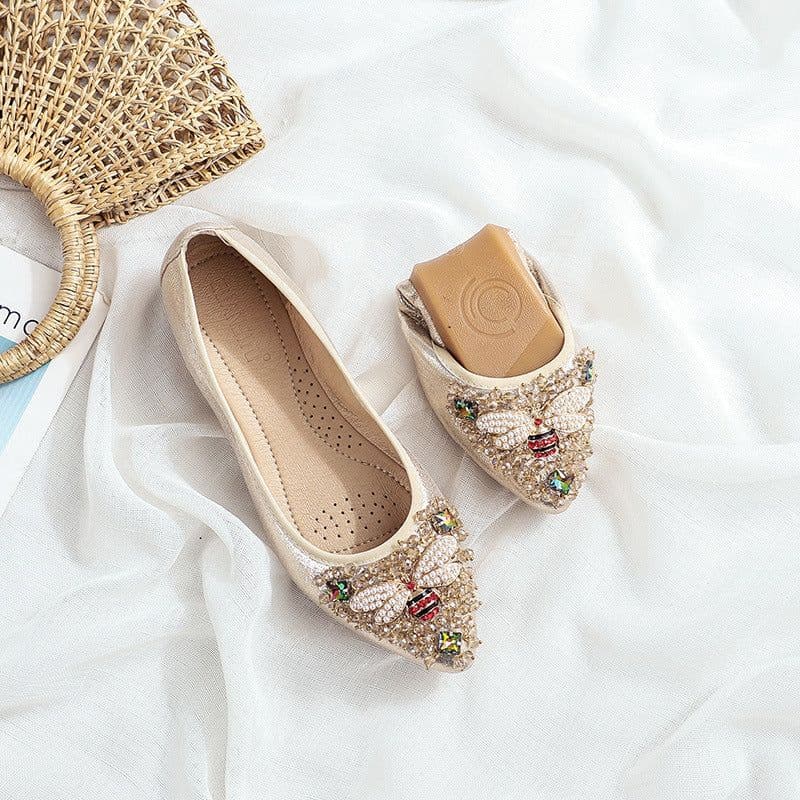 image-Pointed toe flat shoes women's 2021 summer new Korean version of the rhinestone flat heel work shoes women's soft leather all-match four seasons single shoes autumn