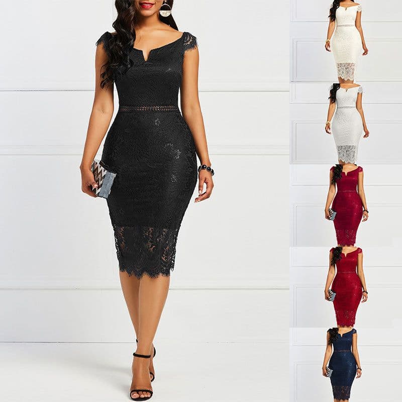 image-2022 autumn new lace V-neck tight dress women's autumn Europe and America Amazon mid-length A-line skirt dress