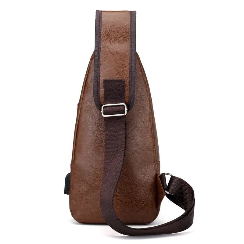 image-USB data cable charging chest bag new casual fashion shoulder bag PU outdoor sports men's bag