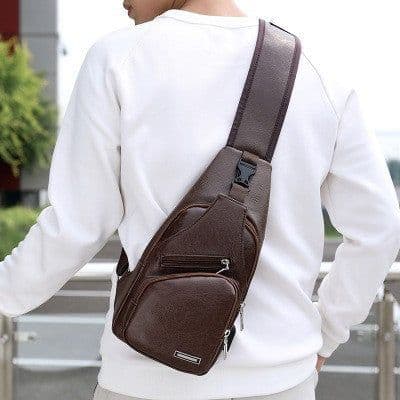 image-USB data cable charging chest bag new casual fashion shoulder bag PU outdoor sports men's bag