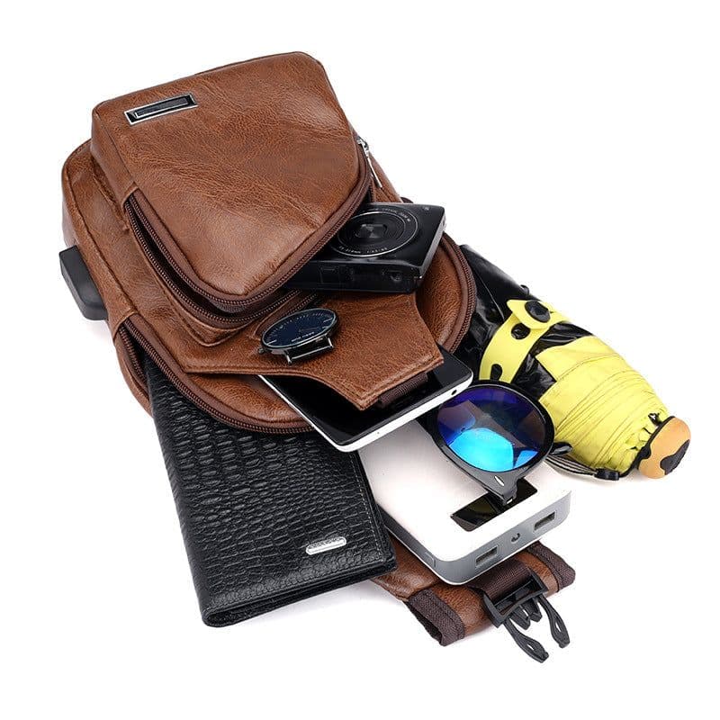 image-USB data cable charging chest bag new casual fashion shoulder bag PU outdoor sports men's bag