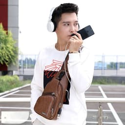 image-USB data cable charging chest bag new casual fashion shoulder bag PU outdoor sports men's bag