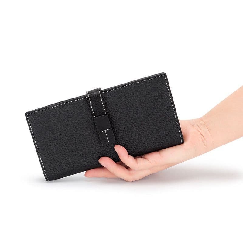 image-2022 new wallet European and American drawstring long ladies wallet top layer leather clutch bag contrast color leather women's handbag