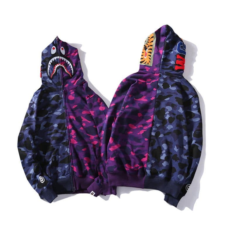 image-Japanese tide brand shark head stitching contrast color purple blue camouflage sweater men and women with the same style casual jacket one piece on behalf of the hair