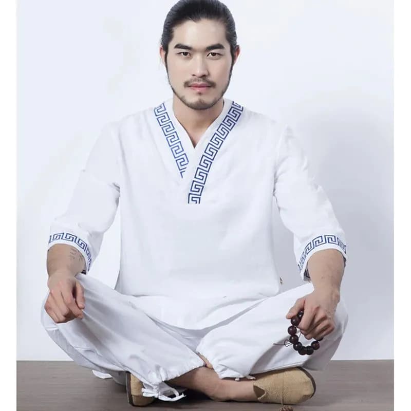 image-2pcs Men Fitness Suit Yoga Set Gym Clothes Cotton and Linen Meditation Clothing White Shirt and Pants with Blue Chinese Pattern