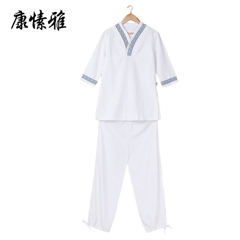 image-2pcs Men Fitness Suit Yoga Set Gym Clothes Cotton and Linen Meditation Clothing White Shirt and Pants with Blue Chinese Pattern