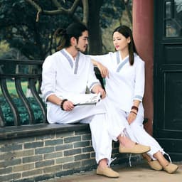 image-2pcs Men Fitness Suit Yoga Set Gym Clothes Cotton and Linen Meditation Clothing White Shirt and Pants with Blue Chinese Pattern