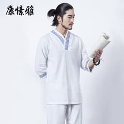 image-2pcs Men Fitness Suit Yoga Set Gym Clothes Cotton and Linen Meditation Clothing White Shirt and Pants with Blue Chinese Pattern
