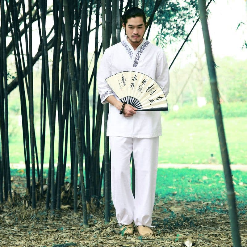 image-2pcs Men Fitness Suit Yoga Set Gym Clothes Cotton and Linen Meditation Clothing White Shirt and Pants with Blue Chinese Pattern