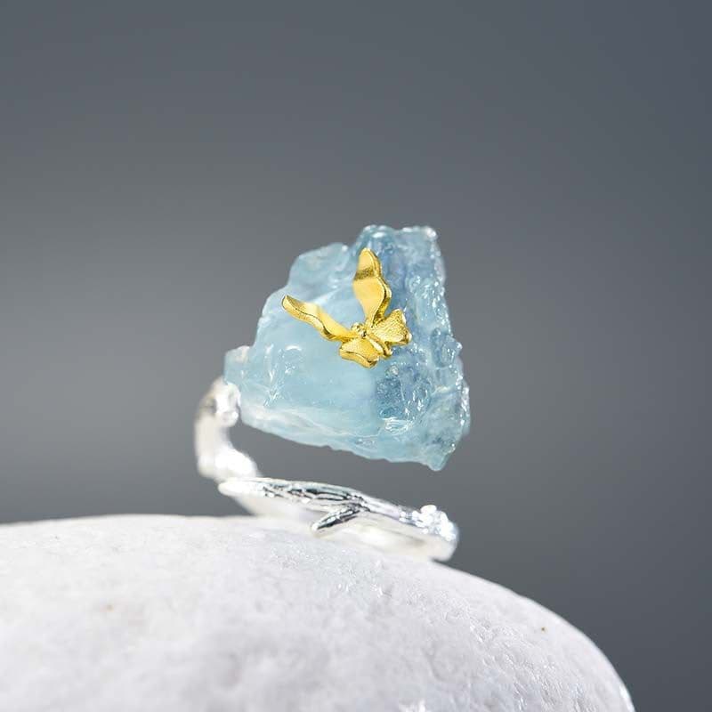 image-Natural Aquamarine Butterfly S925 Women's Adjustable Ring Personality Design Data Pack